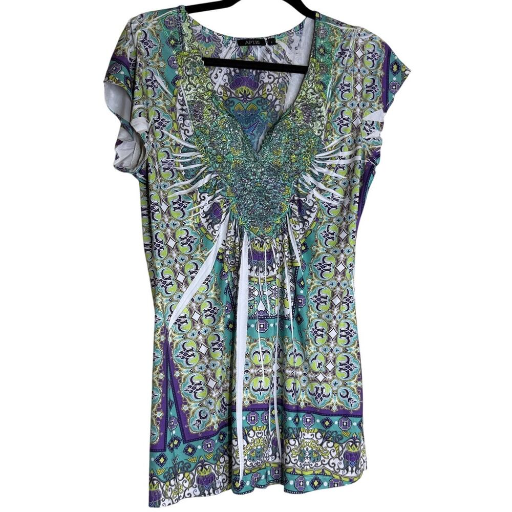 APT. 9 Boho Paisley Print Short Sleeve Tunic Top Green Blue Size Small